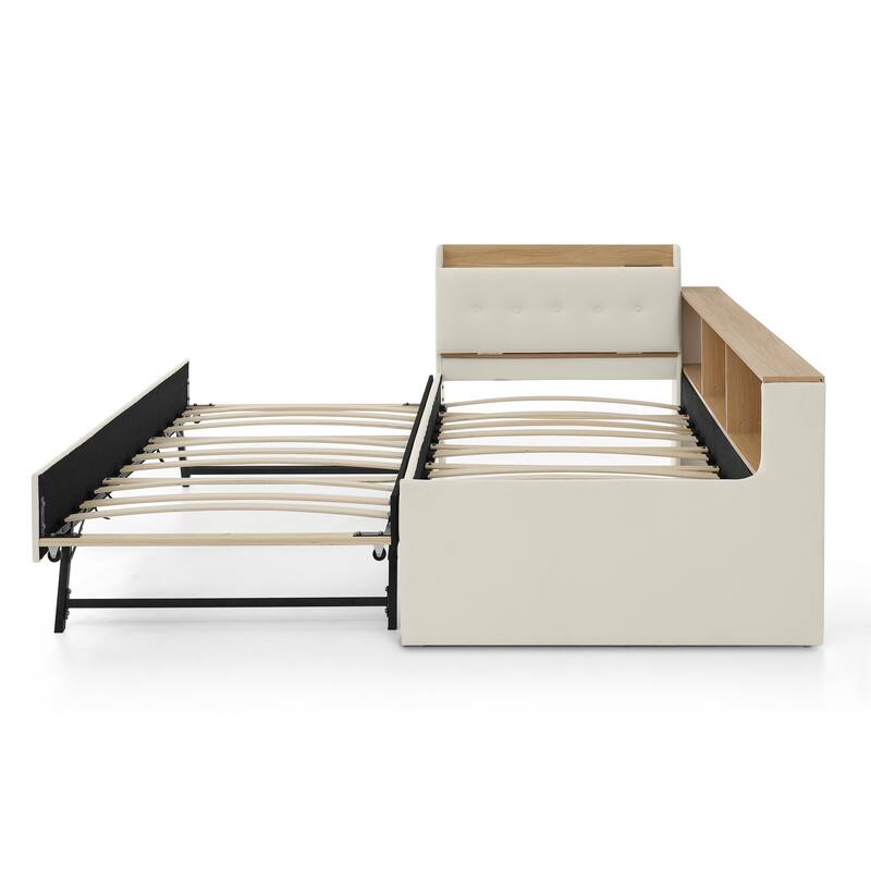 Roomfitters Twin Velvet Height Adjustable Day Bed with Storage Headboard, Wireless Charging and Trundle