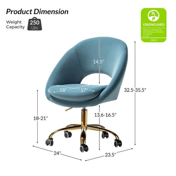 dimension image slide 4 of 18, HULALA HOME Ramona Modern Velvet Height Adjustable 360 Swivel Task Chair with Metal Base