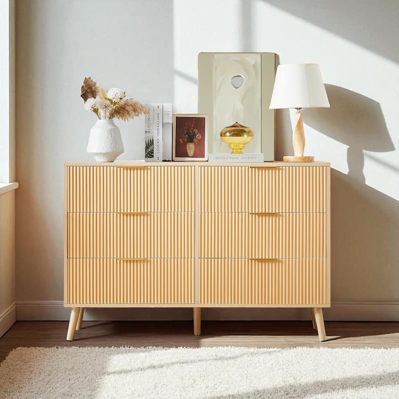 Natural 6 Drawer Dresser, Wooden Double Chest with Wavy Front Design, Storage Cabinet for Bedroom, Hallway, Entryway - Natural