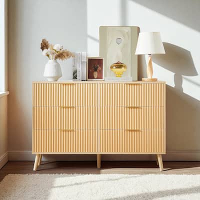Natural 6 Drawer Dresser, Wooden Double Chest with Wavy Front Design, Storage Cabinet for Bedroom, Hallway, Entryway