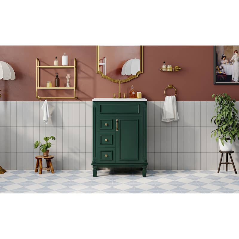 24" Bathroom Vanity With Ceramic Sink, Small Bathroom Sink Cabinet, Modern Cabinet With 2 Drawers And Adjustable Shelf