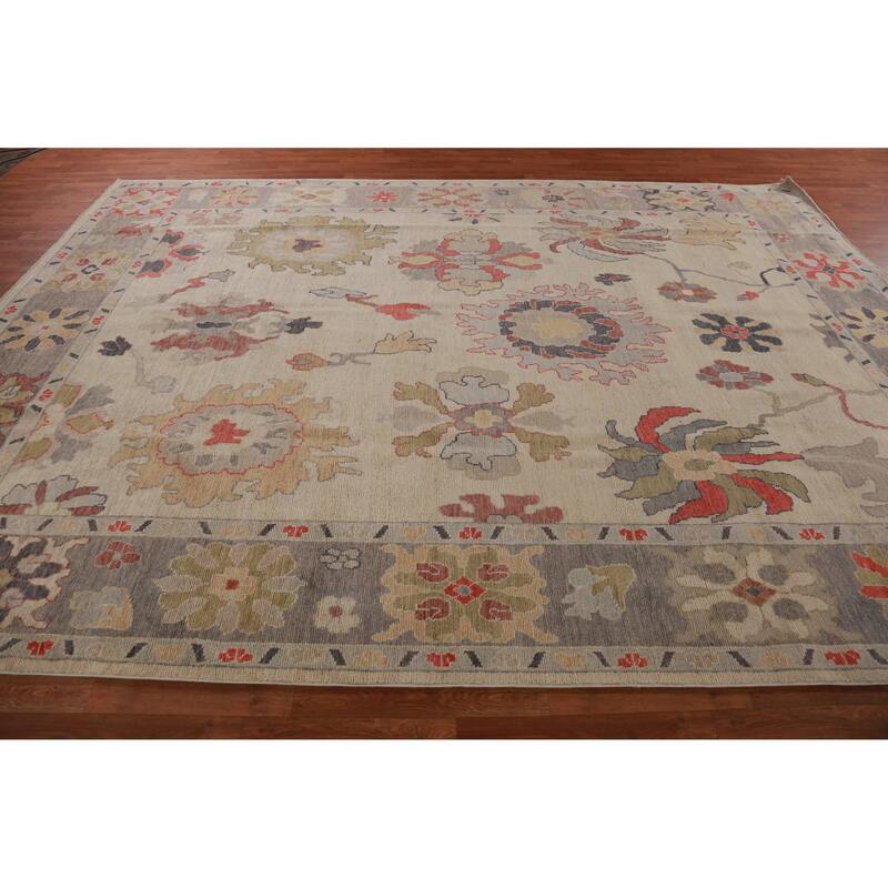 Hand Knotted Oriental 100% Wool Carpet Transitional All-Over Beige & Ivories Oushak Area Rug - 12' 5'' X 9' 1''