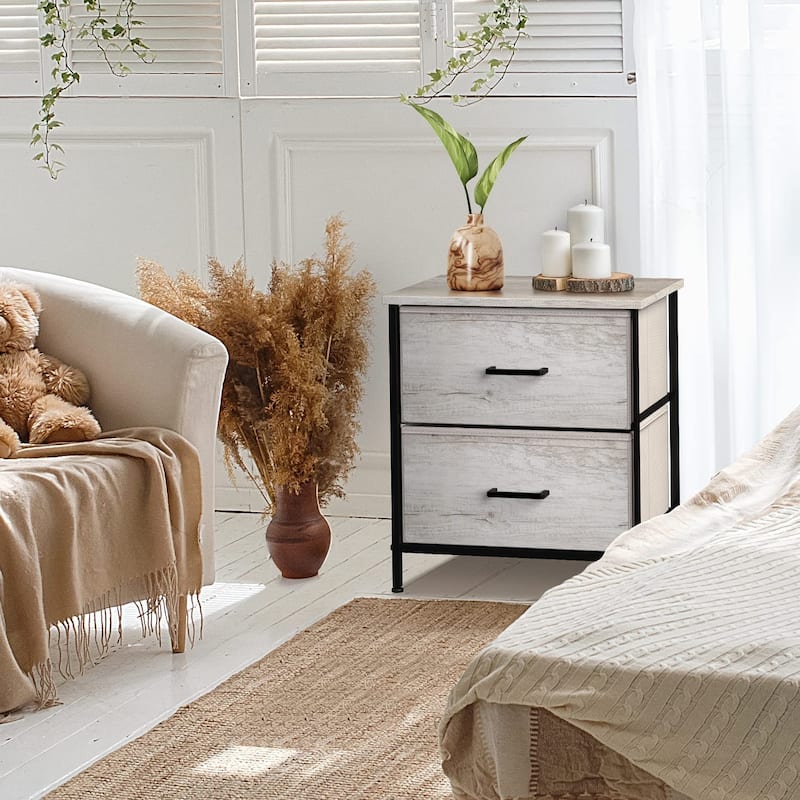 Sorbus Greige Nightstand Dresser with 2 Faux Wood Fabric Bin Drawers