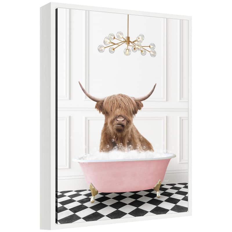 Kate and Laurel Sylvie Highland Cow in Pink Bathtub on Checker Floor Framed Canvas by Amy Peterson - White