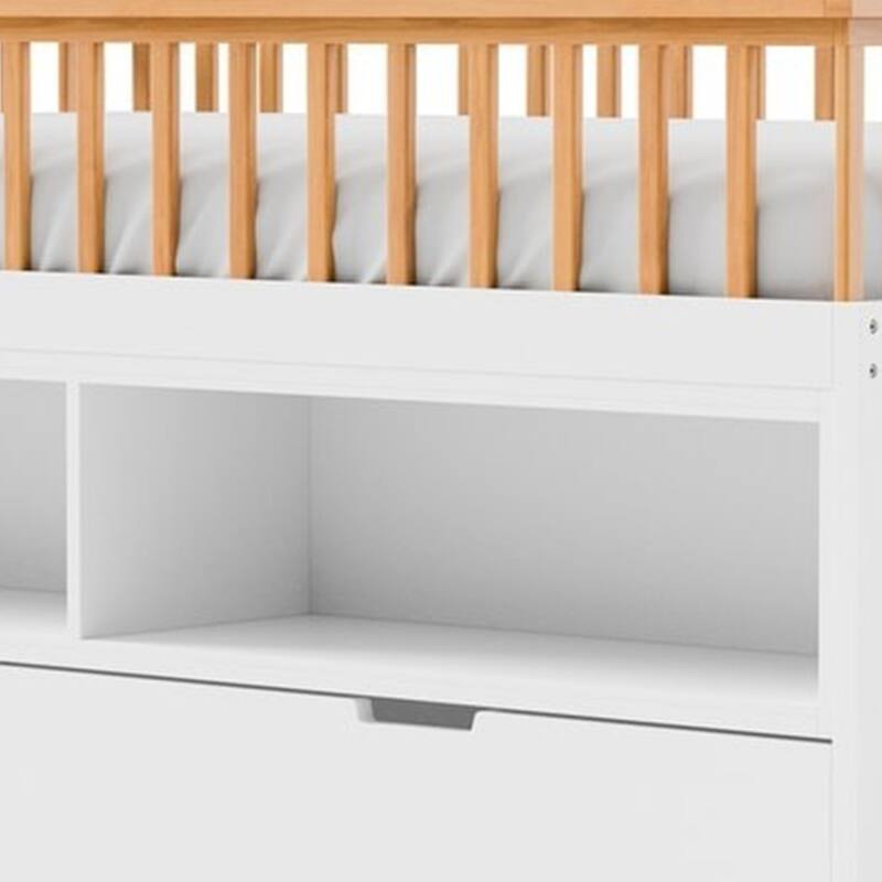 Lexo Twin Bookcase Bunk Bed w Trundle and Ladder, White & Natural Oak