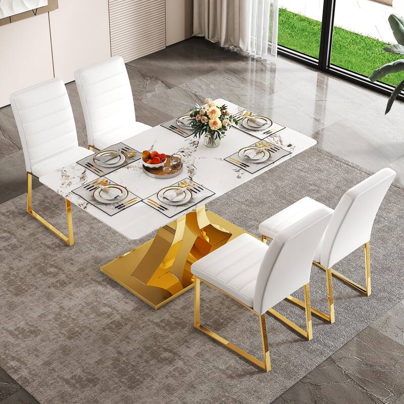 5-Piece Marble Pattern Tempered Glass Dining Set, 63-Inch Table with 4 Minimalist Chairs, Modern Style