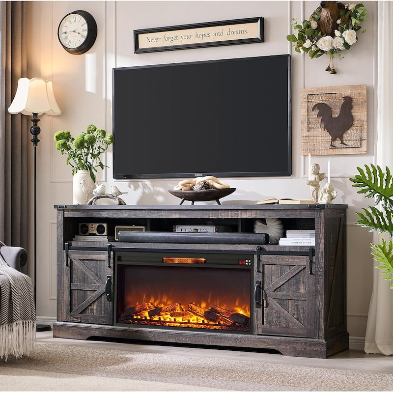 Farmhouse Fireplace TV Stand for 80" TV, Rustic Entertainment Center - Dark Rustic Oak
