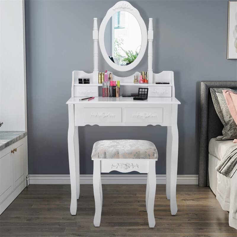 Costway Vanity Wood Makeup Dressing Table Stool Jewelry Desk 4 White