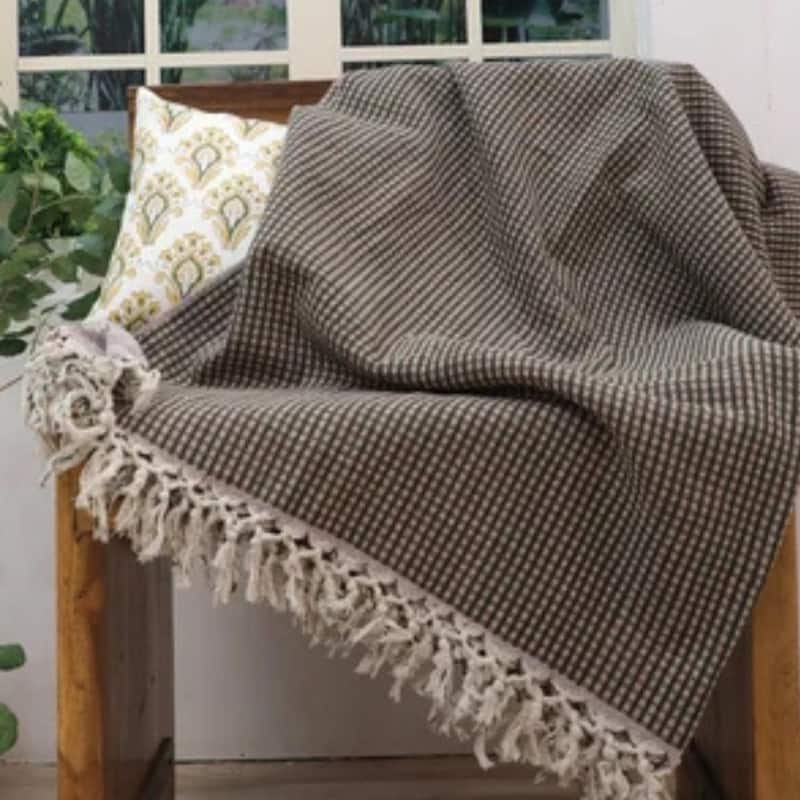Fabdivine Handmade Check Lines Block-Printed Throw Blanket - Handwoven Cotton with Unique Fringe Knots 90x54