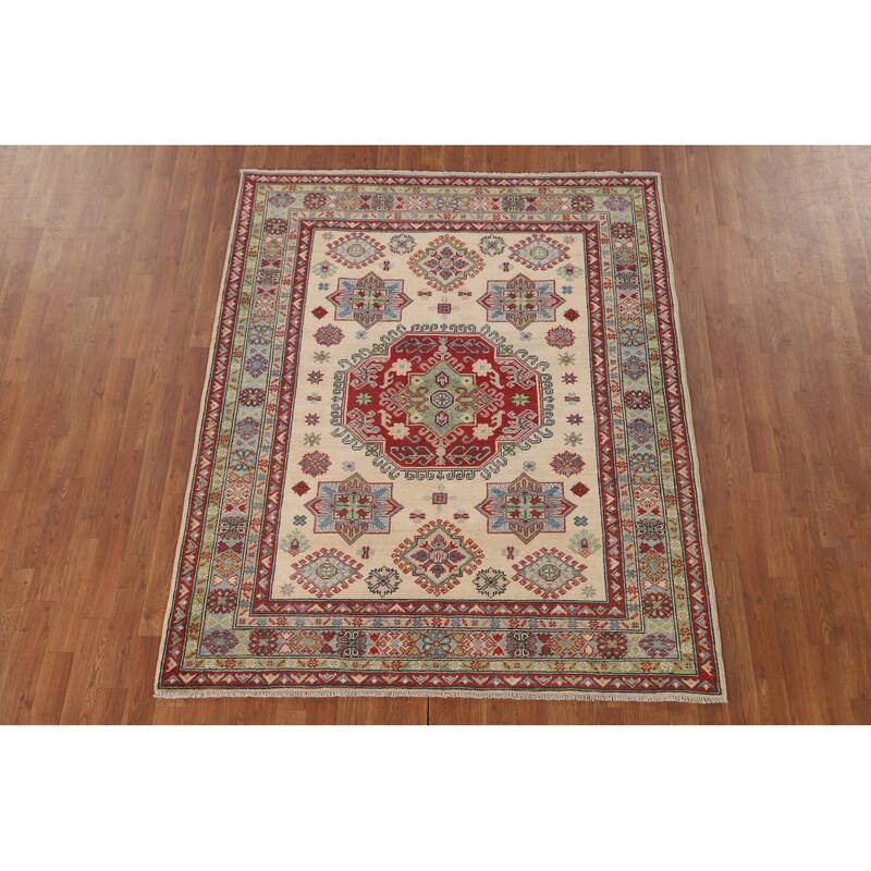 Geometric Beige Kazak Area Rug Handmade Wool Carpet - 5'1" x 6'4"