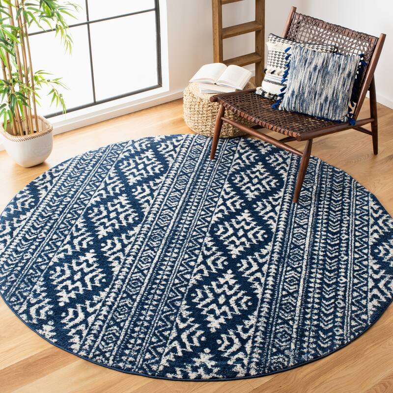 SAFAVIEH Tulum Bora Moroccan Boho Chic Area Rug - 3' Round - Navy/Ivory