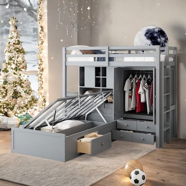 slide 2 of 29, Twin Bunk Bed with Hydraulic Lift Storage, Built-In Wardrobe, and 6 Drawers Grey