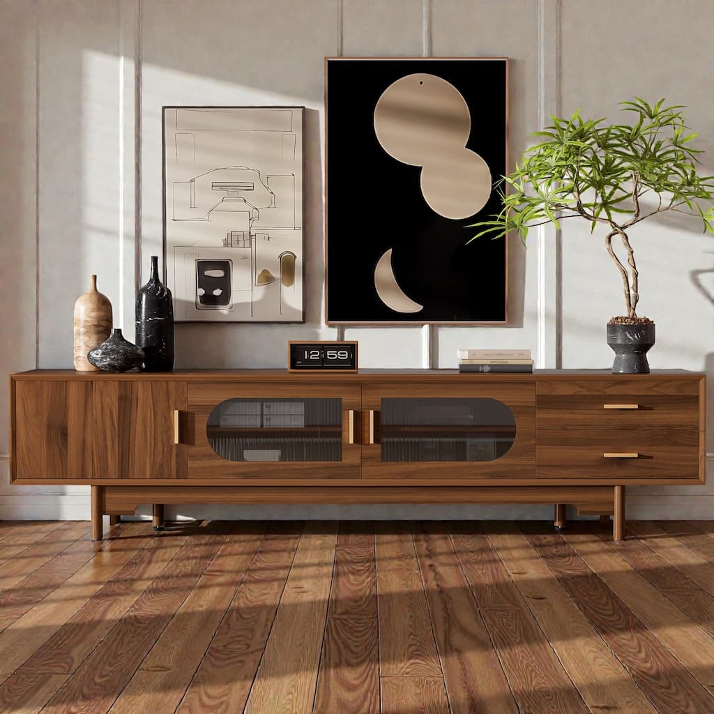 78" Modern TV Stand for TVs Up to 85", Fluted Glass Door Entertainment Center with Solid Wood Legs & Drawers