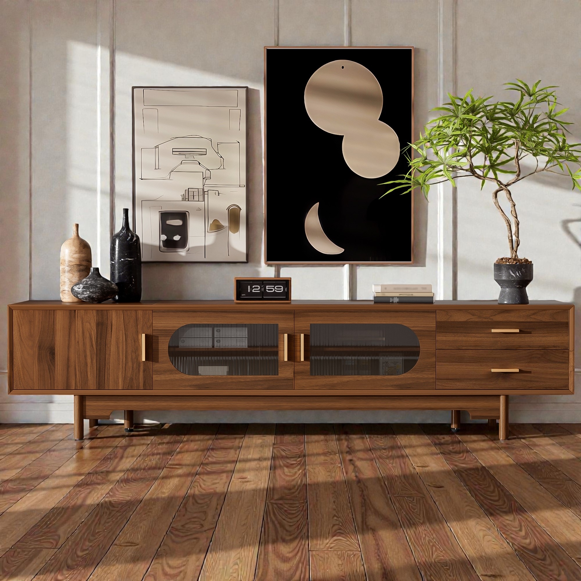 78" Modern TV Stand for TVs Up to 85", Fluted Glass Door Entertainment Center with Solid Wood Legs & Drawers
