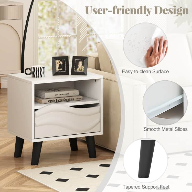 White and Black Nightstand with 3D Wavy Drawer Open Shelf and Tapered Feet