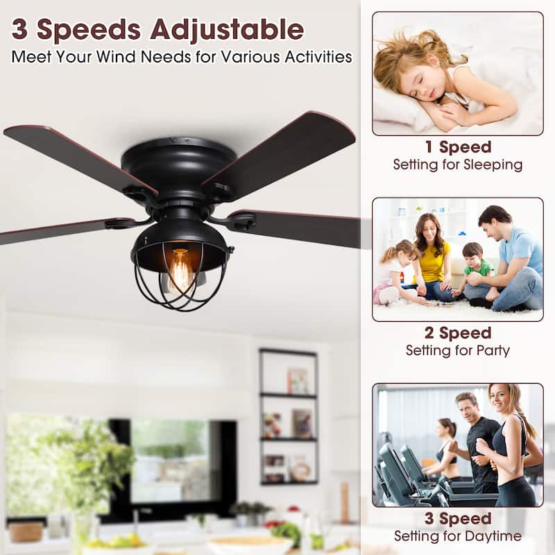 42-inch Wood 5-Blade Matte Black Flush Mount Ceiling Fan with Remote