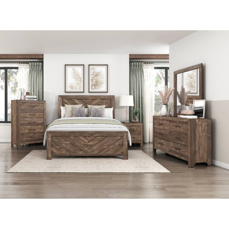 Queen Size Wood Panel Bed with V-Pattern Headboard and Contemporary Farmhouse Style