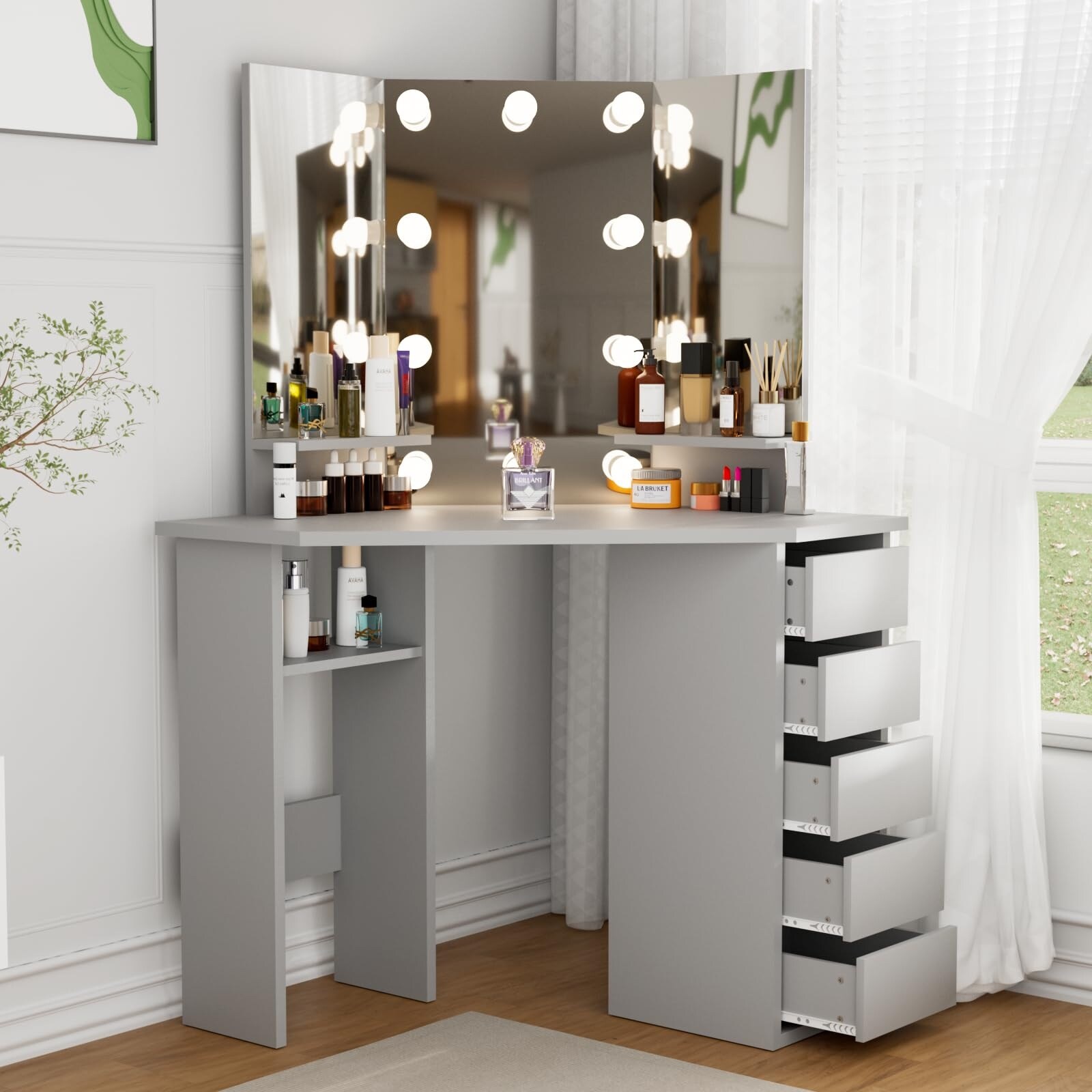 Corner Vanity Desk Modern Vanity Desk with Drawers and Mirror Grey Makeup Vanity with Lights Small Vanity Table Makeup Desk Bed Bath Beyond 41073676