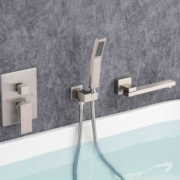 slide 2 of 34, Modern Wall Mounted Bathtub Faucet with Hand Shower 180° Swivel Tub Filler Faucet Single Handle Contemporary Tub Faucet Brushed Nickel