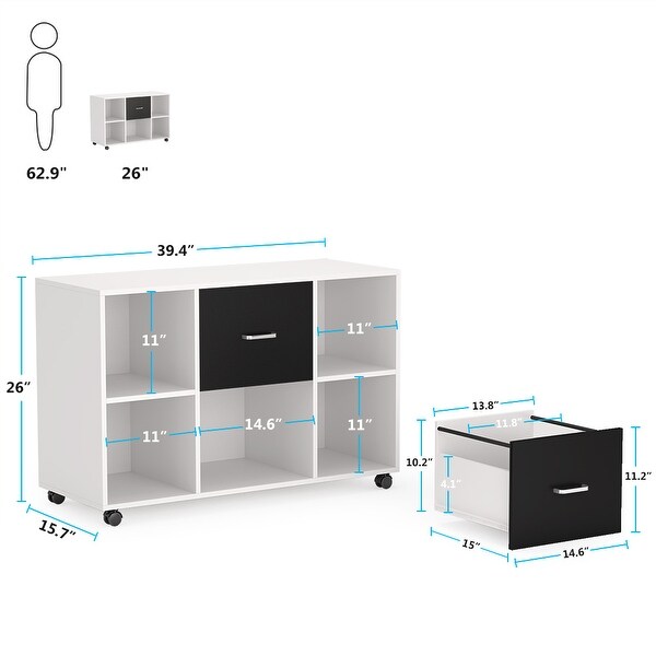 Lateral File Cabinet with 2 Dawers and Sheves, Filing Cabinet with Wheels