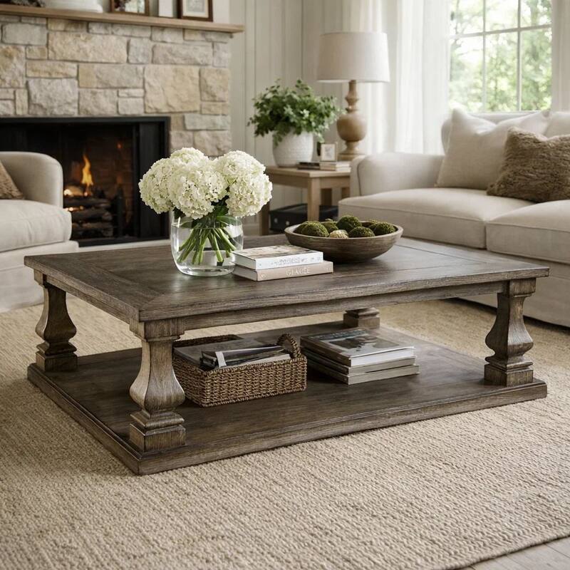 Classic 54 Inch Coffee Table, Baluster Legs, Spacious Top, Weathered Gray