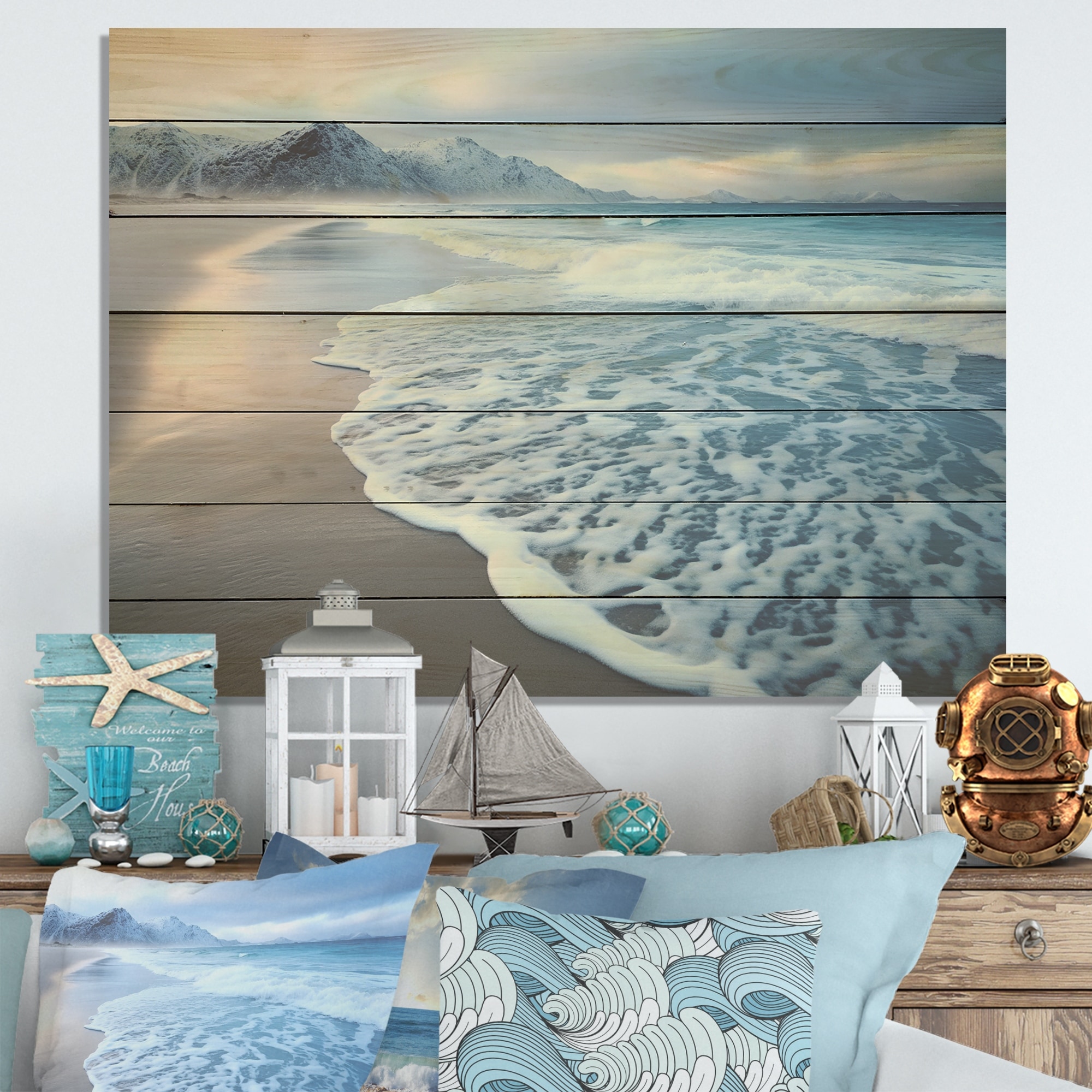 Designart "White Calm Wave On Coastal Beach IV" Beach Wood Wall Art - Nautical & Coastal Wood Print on Natural Pine Wood