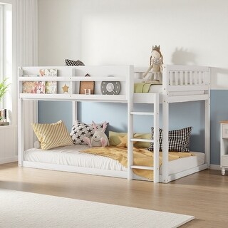 Twin over Twin Solid Wood Low Bunk Bed with Ladder & Storage Shelf ...