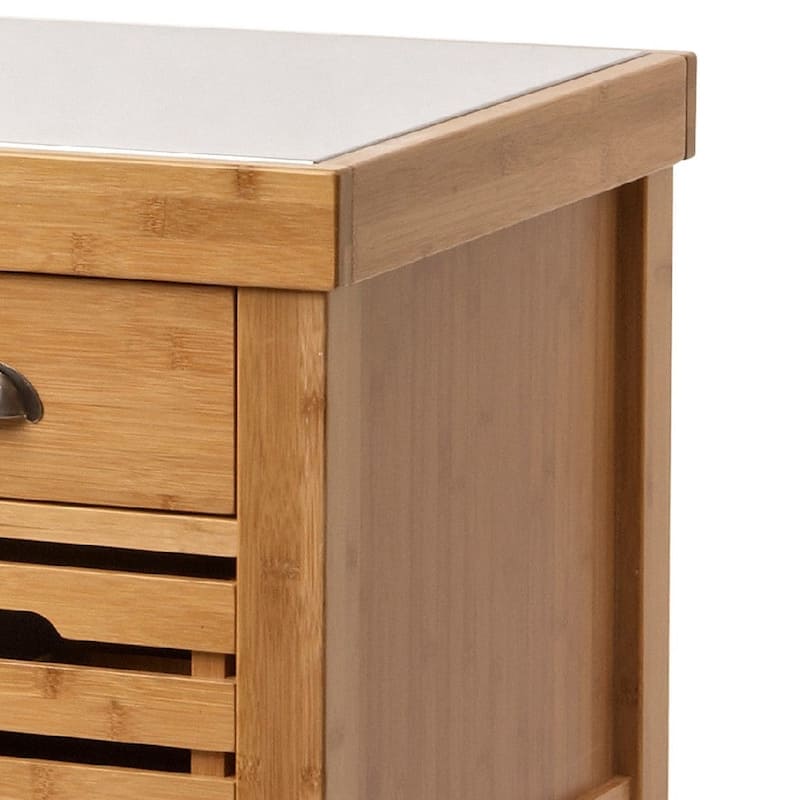 36 Inch Bamboo Kitchen Cart Island, 2 Drawers, Stainless Steel Top, Brown - 22 L x 29 W x 36 H Inches