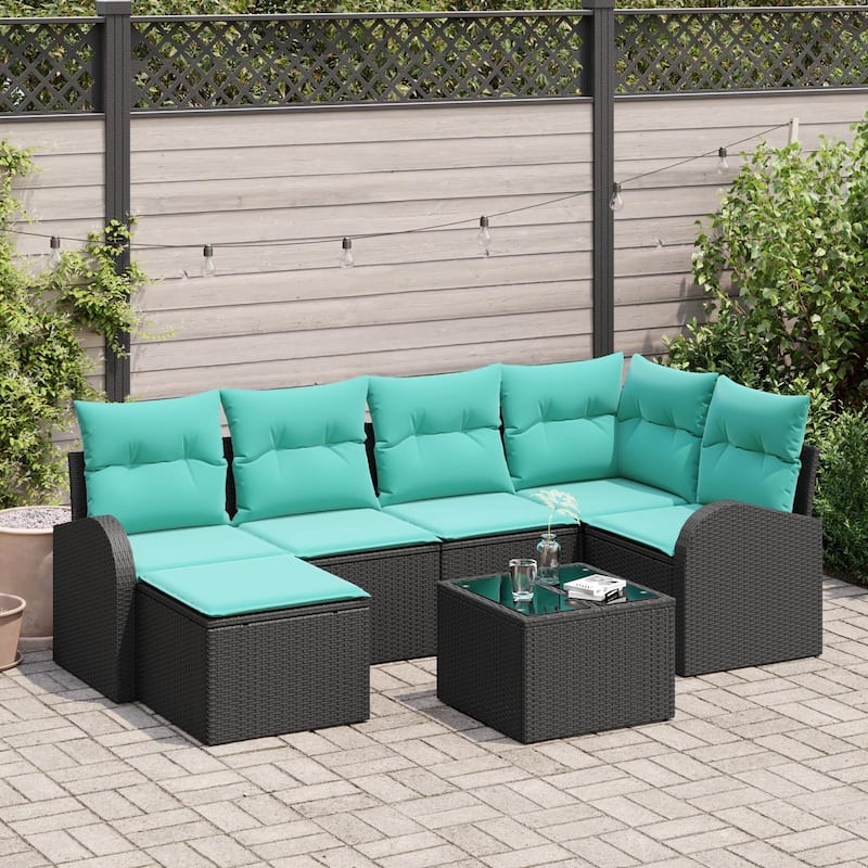 vidaXL 7 Garden Sofa Set with Cushions Black Poly Rattan - 92.1 x 48.8 x 27.2 - Black with table