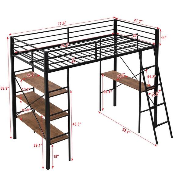 Twin Size Metal Loft Kids Bed with Ladder,Guardrails,with Built-in Shelves and Desk,Sturdy Metal Frame