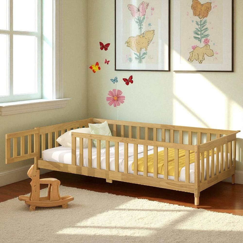 Twin Size Floor Bed with Fence and Door, Rubber Wood Frame with Safety Guardrails