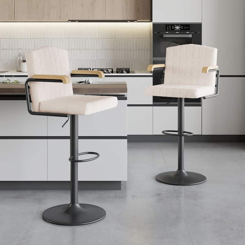 2/4 Pack Beige Flocked Bar Stools Swivel 35.4"-43.3" Adjustable Height Brown Arms Counter Bar Height Kitchen Island Set