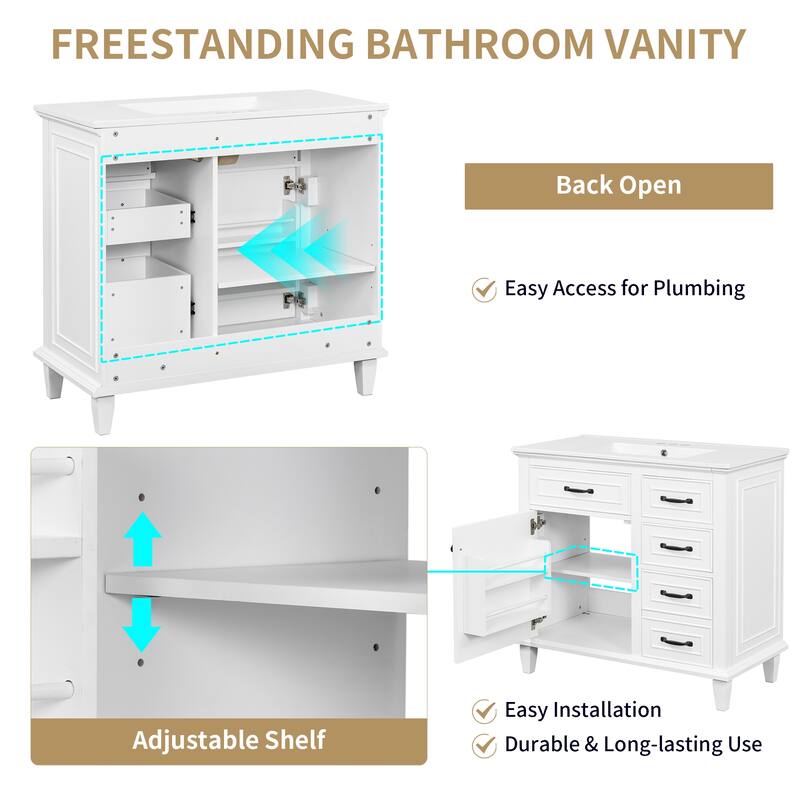 Roomfitters 36" Bathroom Vanity with Sink, Solid Wood Frame, 2 Flip Drawers & Soft-Close Cabinet with Door Rack