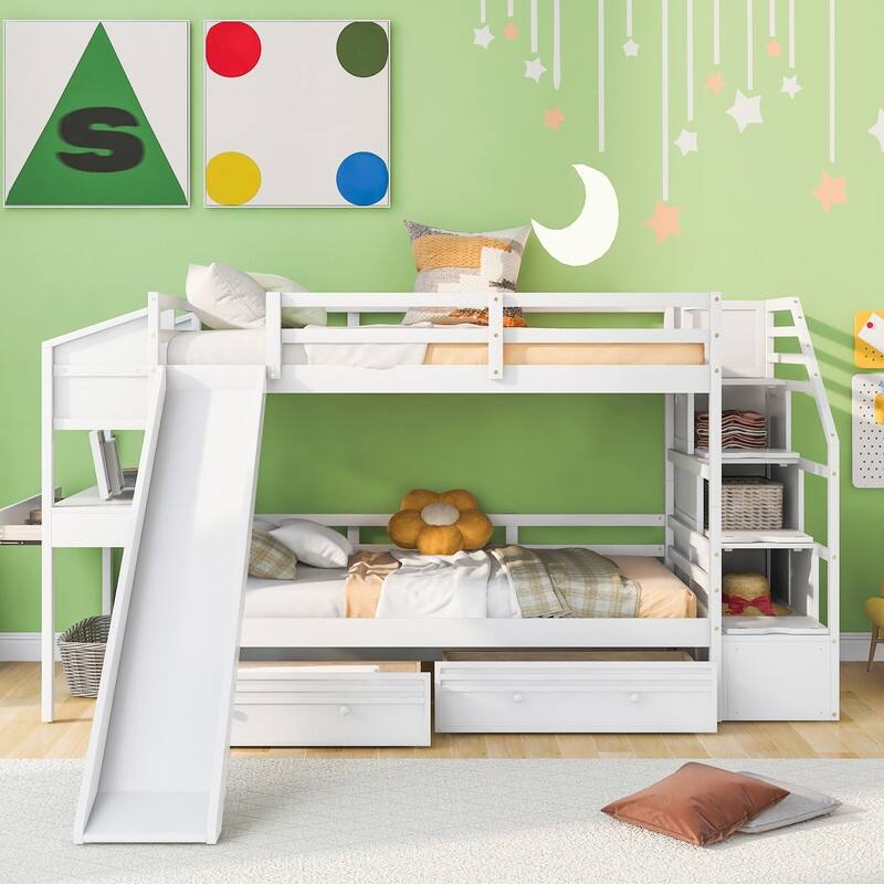 Twin over Twin Bunk Bed with Storage Staircase, Slide and Drawers, Desk with Drawers and Shelves - White