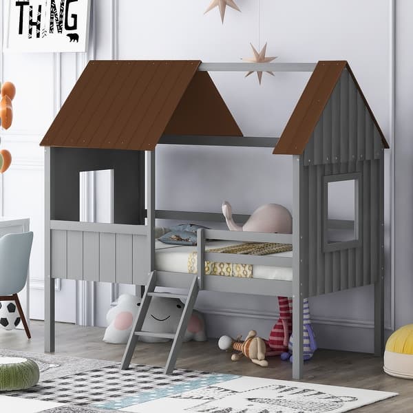 slide 2 of 14, Twin Size Low House Loft Bed with Two Side Windows, Grey Brown