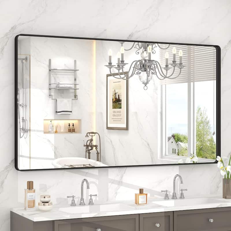 Aluminum Alloy Framed French Cleat Mounted Tempered Glass Wall Vanity Mirror - Black - 51" x 30"