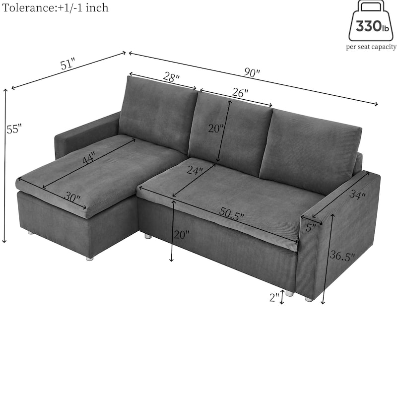L Shaped Convertible Sleeper Sofa,90" Sectional Couch wStorage Chaise