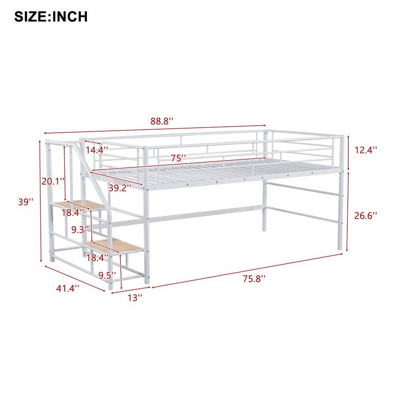 Metal Low Loft Bed with Underneath Play and Storage Spaces for Kids, Metal Loft Bedframe with Staircase and Guardrail