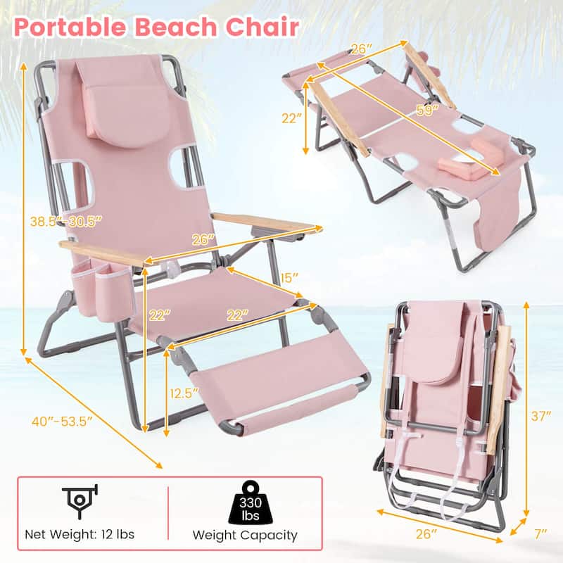 Costway 1/2 PCS 3-IN-1 Foldable Beach Chair with Face Hole, Footrest,