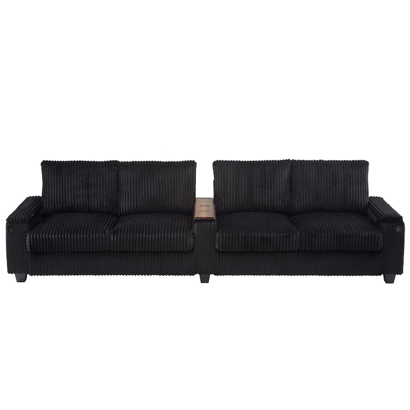 4 Seater Corduroy Sofa Couch with USB Ports and Storage Arms, 133" Modern Sofa with Side Pockets and Flip-Top Cup Holders
