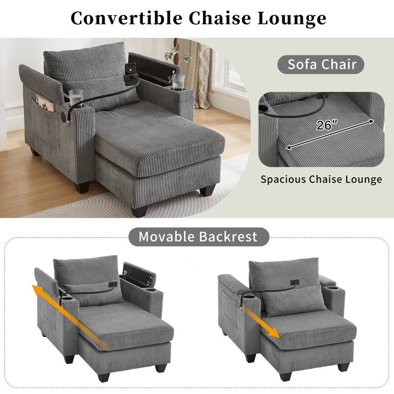 Corduroy Convertible Lounge Chaise with USB Ports, Cup Holders and Storage