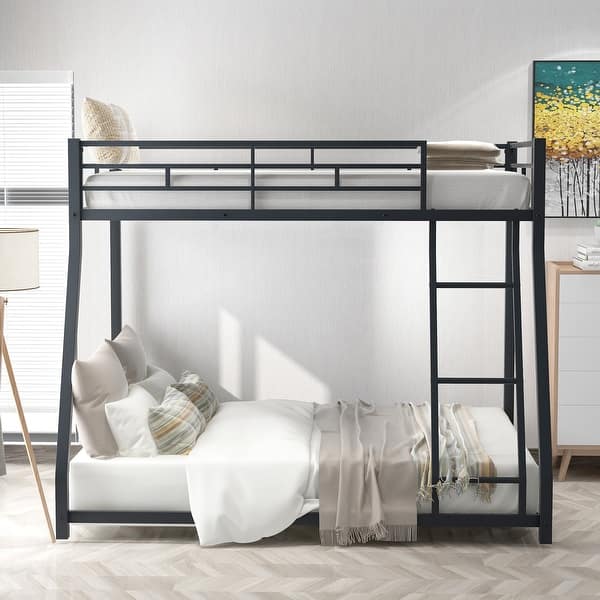 slide 2 of 22, Metal Twin Over Full Bunk Kids Bed Frame with Sloping Stairs for Bedroom, Black Black