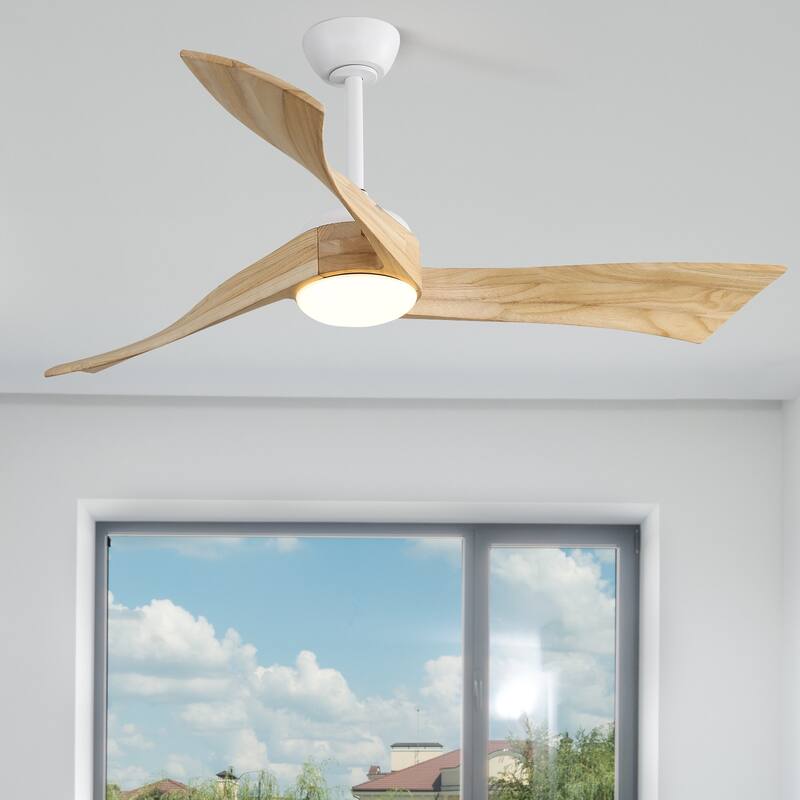 52" Solid Wood Noiseless 3-Blade Ceiling Fans with Dimmable LED Light Optional and Remote, 6-Speed Reversible DC Motor - White with Solid wood Blades/With lights