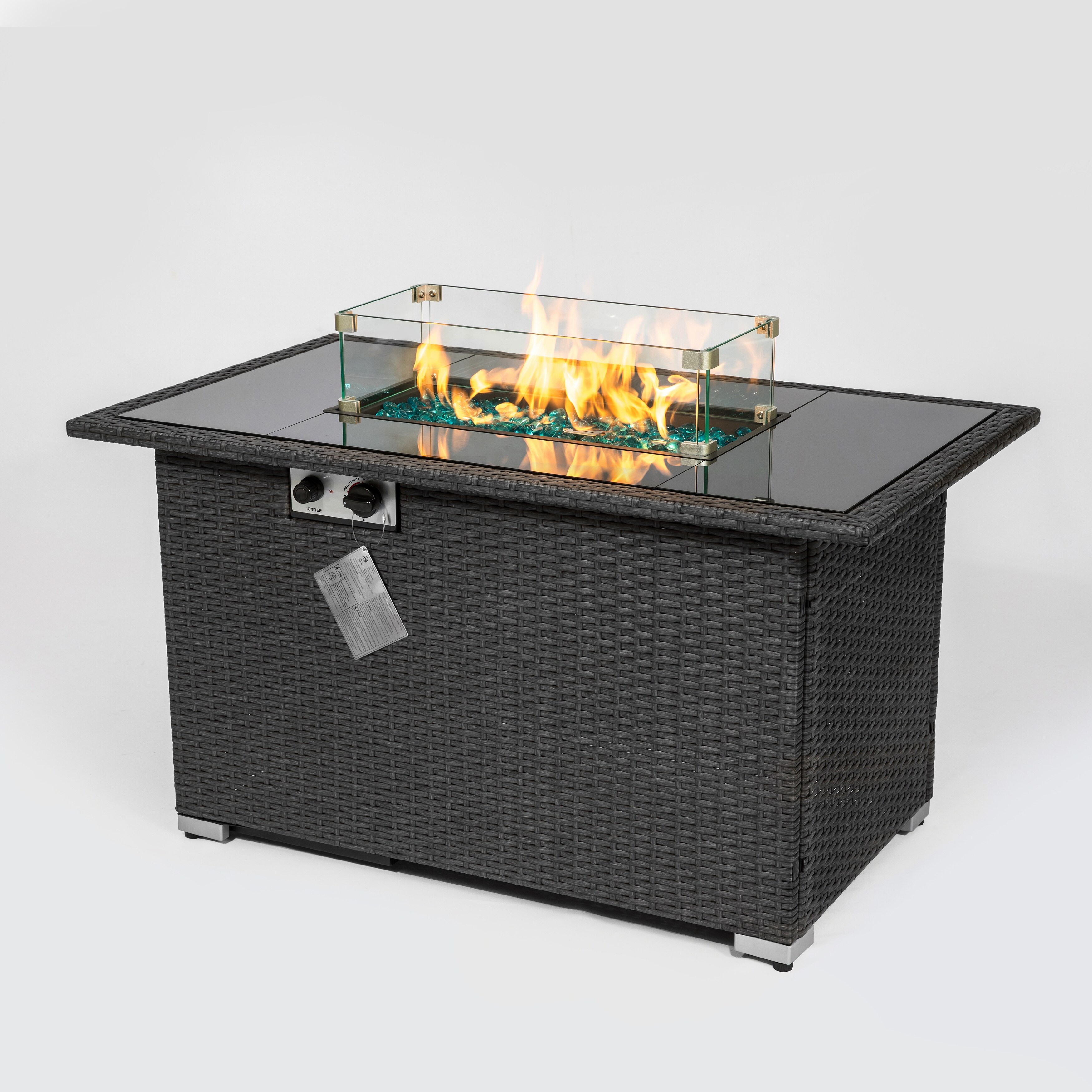 firepitt 44 firepit Table 50,000 BTU Propane fire Pit with Amber fire Glass Outdoor fire Tables with Striped Steel Table top Sturdy fire pits for Outdoor Patio Espre +Wind Glass 