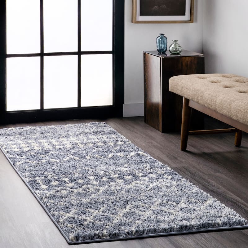 Nuloom Beige Geometric Moroccan Trellis Shag Rug - 2'6" x 8' Runner - Gray - Runner