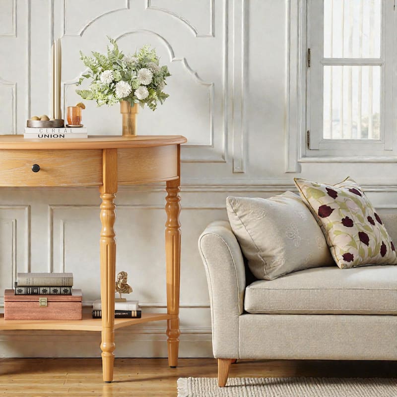 Farmhouse Half Moon Console Table with Drawer and Shelf, Rustic Solid Wood Entryway Sofa Table