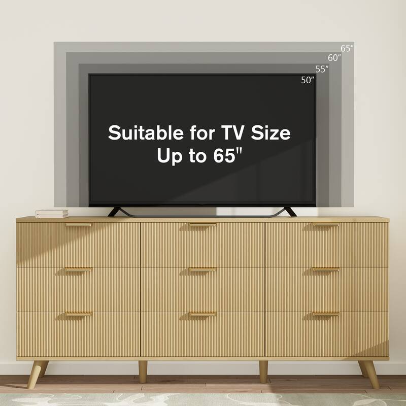 Gymojoy 9 Drawer Dresser, 63" Wide Fluted Wood Chest of Drawers with Gold Handles, Modern Storage Organizer for Closet