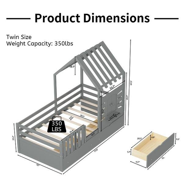 dimension image slide 1 of 3, Wooden Slat Roof Platform Bed Guardrails House Bed Frame with 2 Storage Drawers, Kids Playhouse Bed Small Window & Shelves