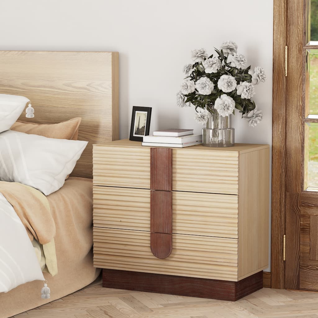 COZAYH Modern Farmhouse Dresser with Grooved Front Design, Spacious Rustic Bedside Chest for Bedroom Light Natural Wood Finish