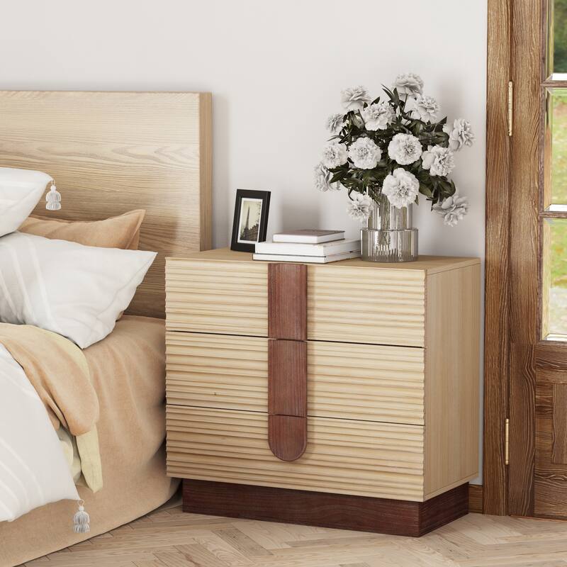 COZAYH Modern Farmhouse Dresser with Grooved Front Design, Spacious Rustic Bedside Chest for Bedroom Light Natural Wood Finish - 3-drawer